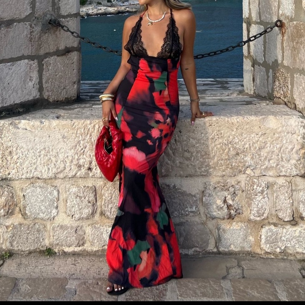 SHEIN Black and Red Backless Floral Dress